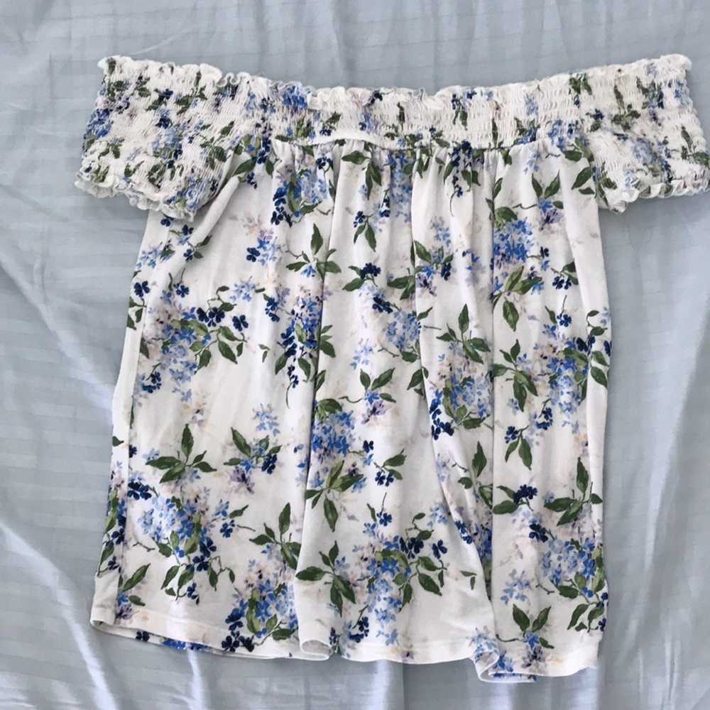 White with blue and green floral off the shoulder